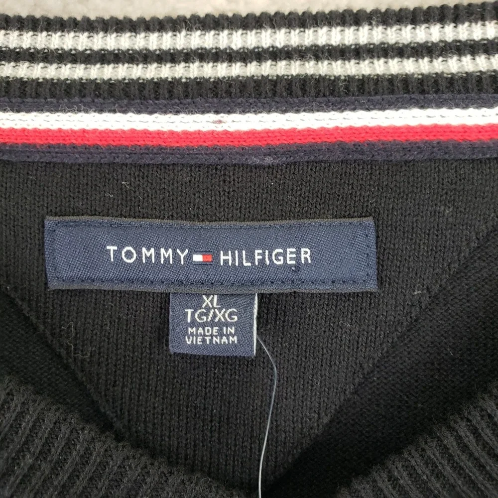 Tommy Hilfiger V-Neck Sweater Mens XL Black Preppy Classic Knit NWT